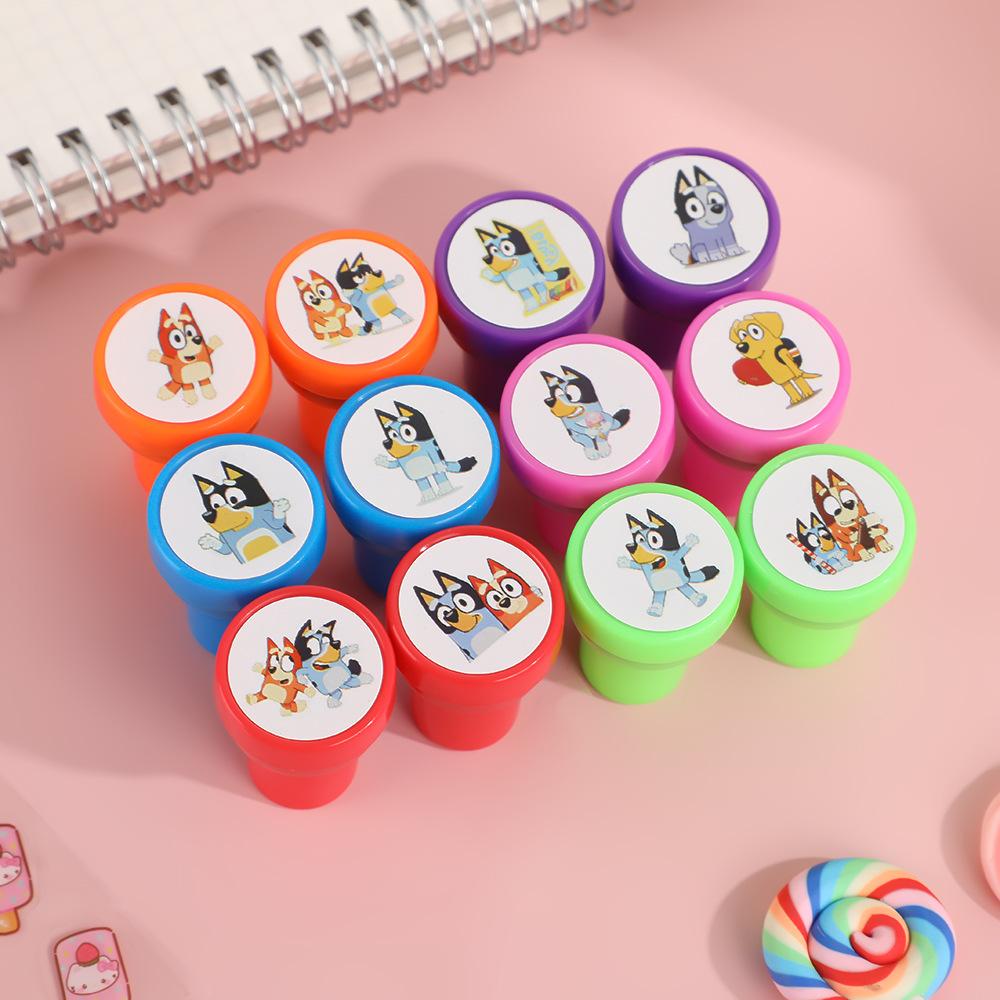 12Pcs/Set Bluey And Bingo Seal Bandit Chilli Lucky Socks Anime Figures Colorful Pattern Stamp Kids Toys Gift