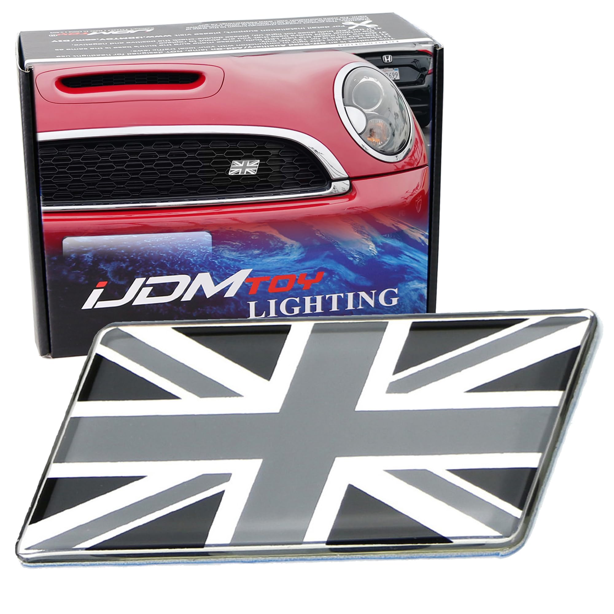 

iJDMTOY Black/White Union Jack Flag Emblem Badge with Right Angle Mounting Bracket for Car білий