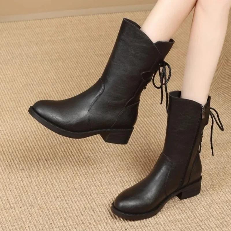 2024 New Women's Low-heeled Knight Boots Trendy Pointed Toe Casual Lace-up Design Motorcycle Boots PU Retro Street Fashion Boots