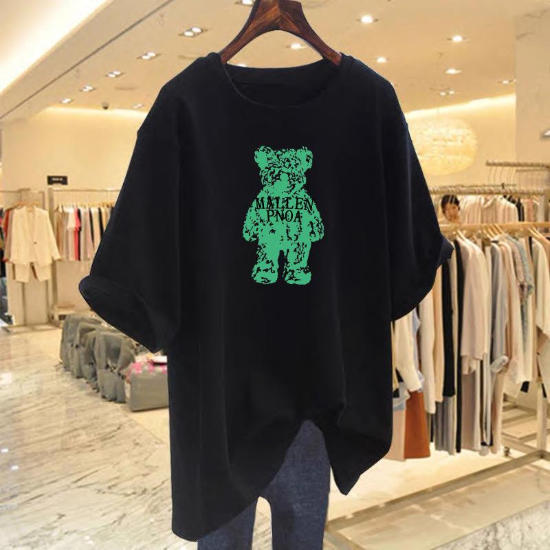 Spring and Summer Cartoon Foreign Style Pure Cotton Loose Bear T-shirt Short Sleeve Women's Summer New