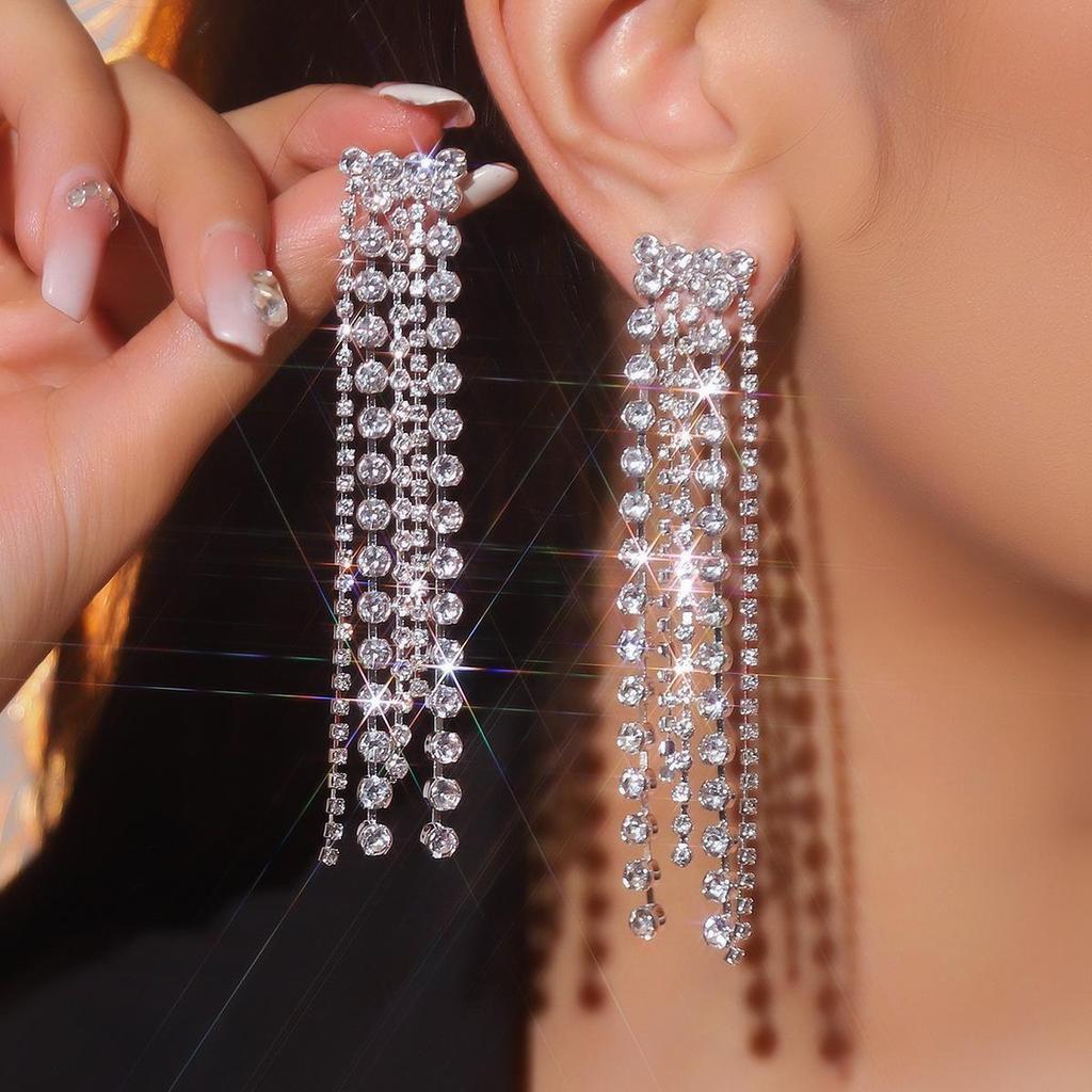 Mochka Luxury Zircon Inlaid Tassel Earrings for Women – Shiny Rhinestone Studs, Trendy Fashion Jewelry