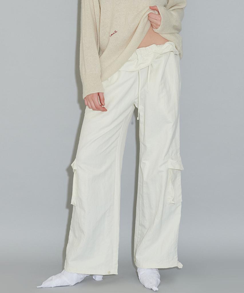 THEPORTA Frill Waist Nylon Pants, Ivory