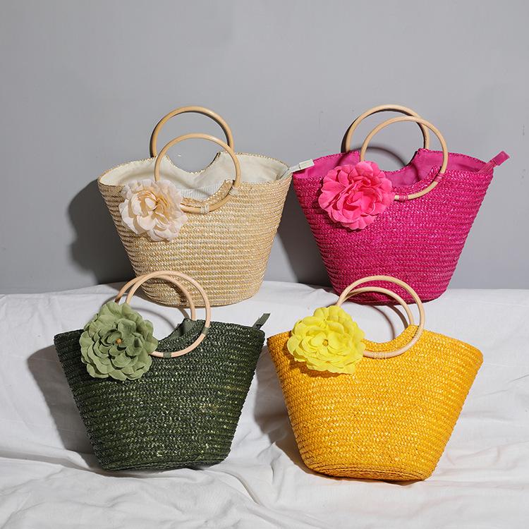 2025 Wheat Straw Braided Handbag with Wooden Handle - Women's Pastoral Ins Mori Girl Style