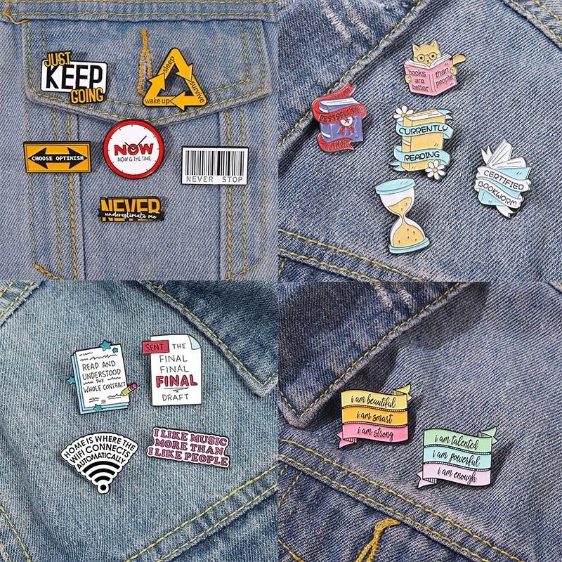 Enjoy The Little Things Enamel Pins Funny Quotes Girls Just Wanna Have Fun Cartoon Letter Metal Brooch Lapel Badge Jewelry Gifts