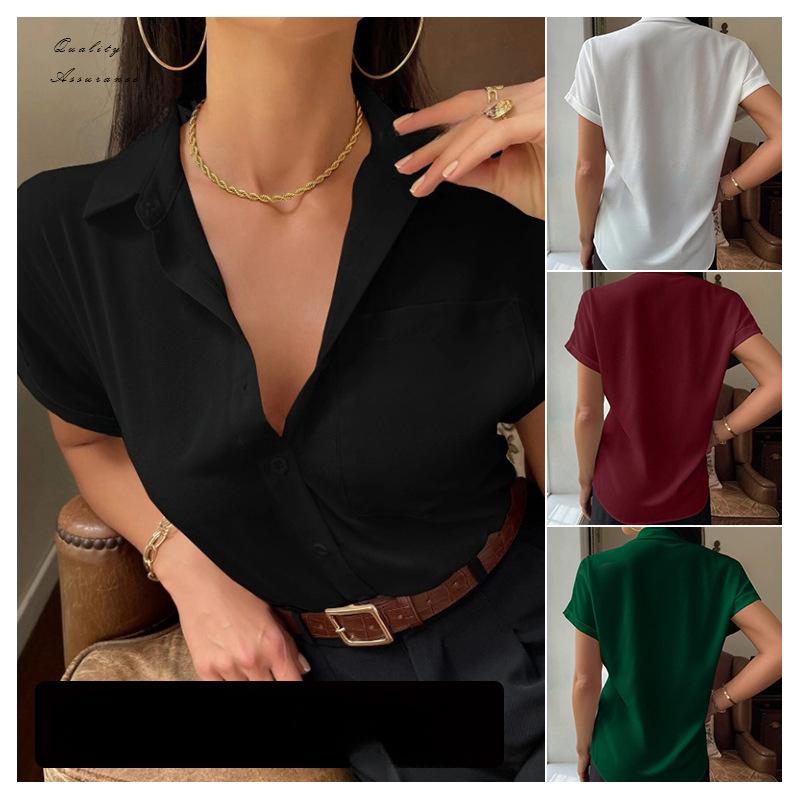 Summer Color Ding V-neck Shirt Women's Solid Color Satin Short Sleeve Casual Button Shirt Blouses & Shirts