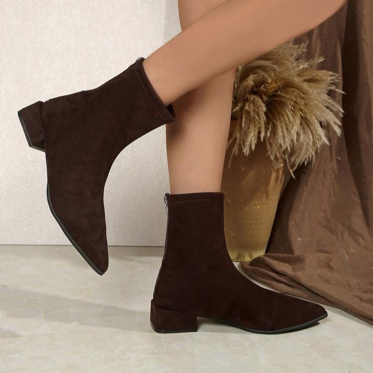 Skinny pointed middle heel Martin boots winter large size rear zipper suede short boots women