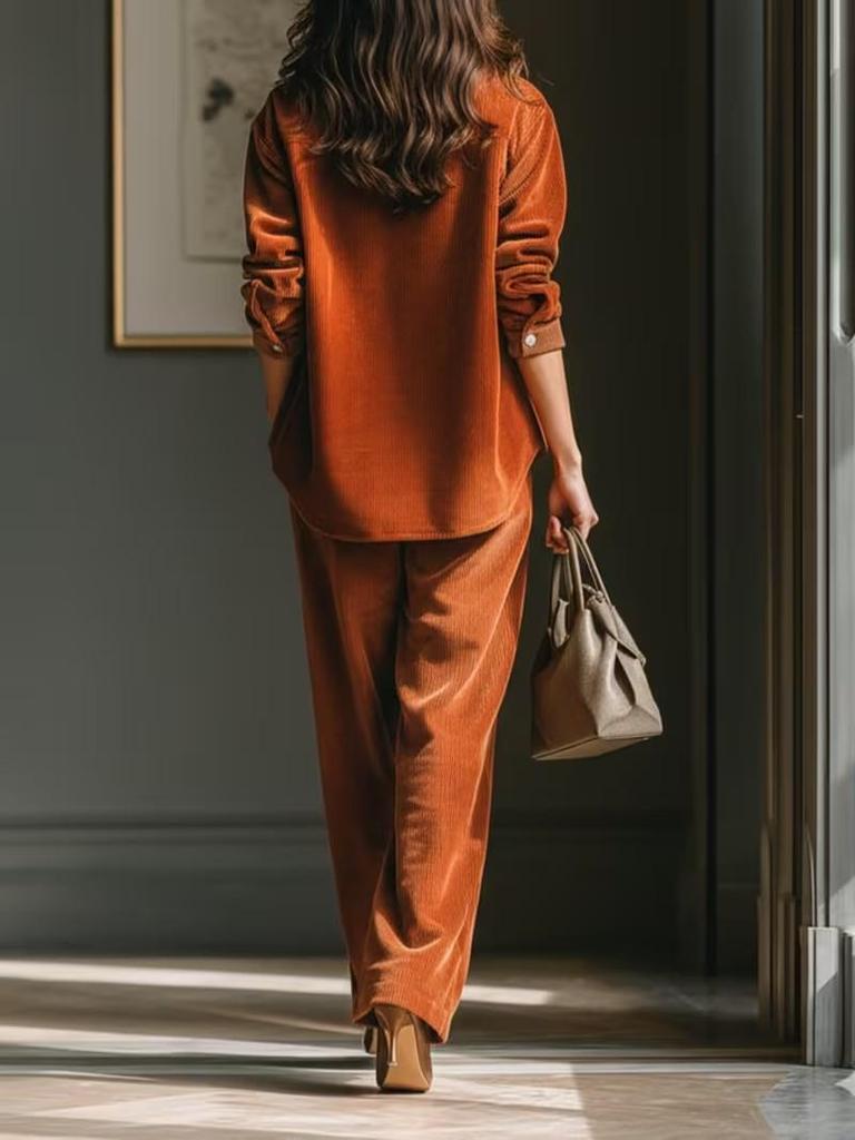 2025 Retro Casual Caramel Corduroy Shirt & Wide-leg Pants Set