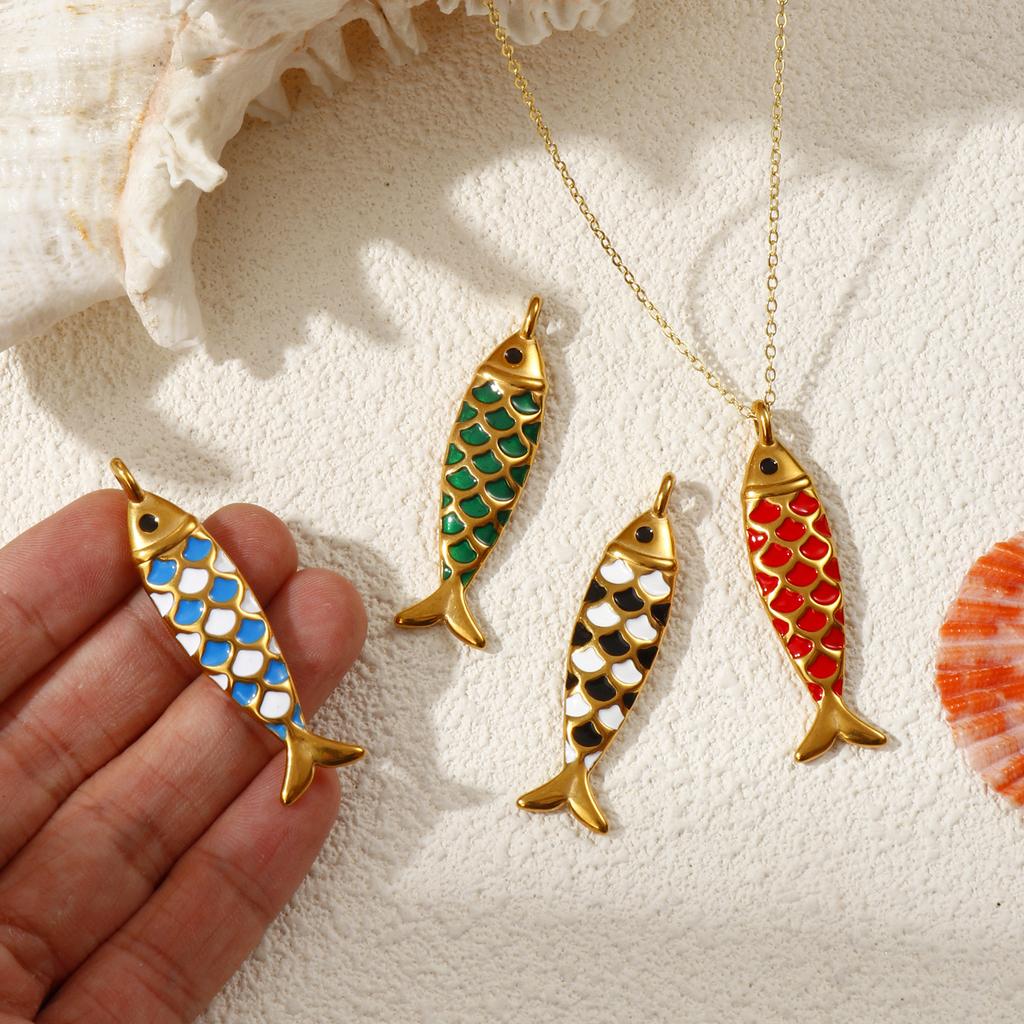 2 PCS 304 Stainless Steel Ocean Jewelry Pendants 18K Gold Plated Enamel Fish Animal 3D Charms For Keychains Necklace 4.9cmx1.3cm