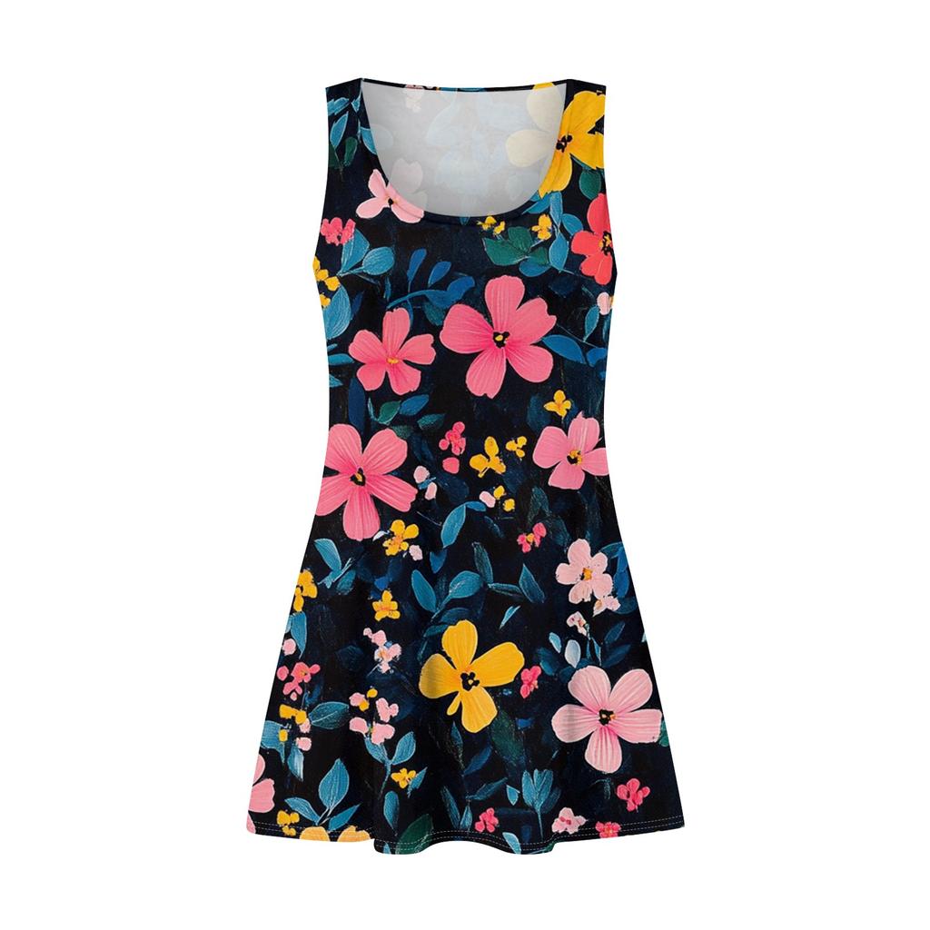 Women's Casual Retro Illustration Flower Print U-Neck Vest Dress With Side Pockets