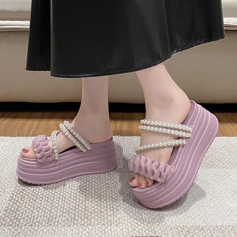 Fashion 9CM Summer Casual High Platform Sandals Women Buckle Strap Slippers Thick Bottom Pearl Sandalias Woman Chunky Beach Shoes Mujer