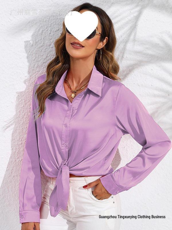European & American Women's Long Sleeve Satin-Cotton Shirt - Solid Color, Spring & Autumn Bestseller