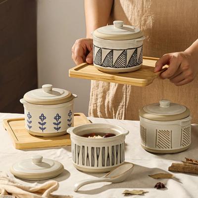 Ceramic Stew Pot Over Water Stew Household with Tray Spoon Retro Simple Food Pot Soup Ceramic Tableware