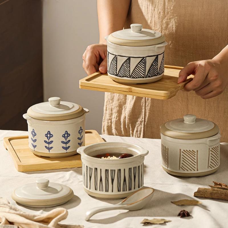 Ceramic stew pot over water stew household with tray spoon retro simple food pot soup ceramic tableware