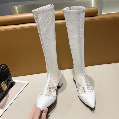 Cizme lungi din plasă din piele Maogu, de toamnă, cu fermoar, pantofi de damă, alb, vara 2024, cizme până la genunchi, Botas De Mujer