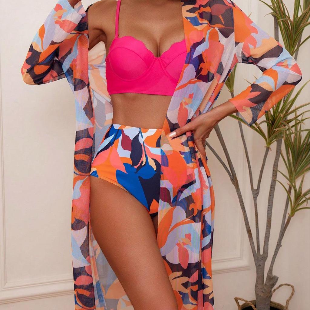 Women's European & American Mesh Gathered Bikini: Sexy Printed 3-Piece Swimsuit Set.
