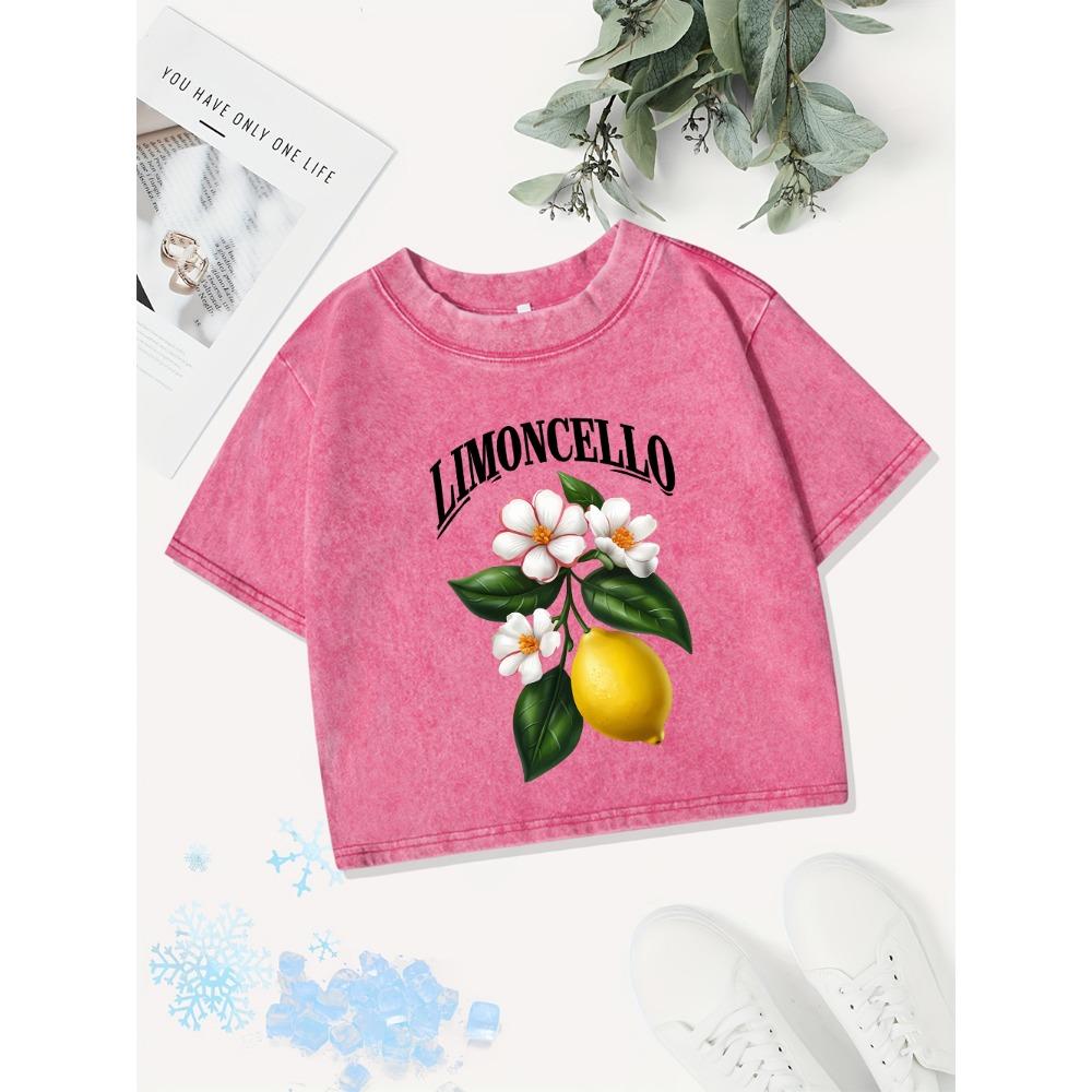 

Summer Cotton Crop Tops Women Limoncelloprinting Washed T-Shirts Distressed O-Neck Regular Fit Streetwear Womans Clothes M