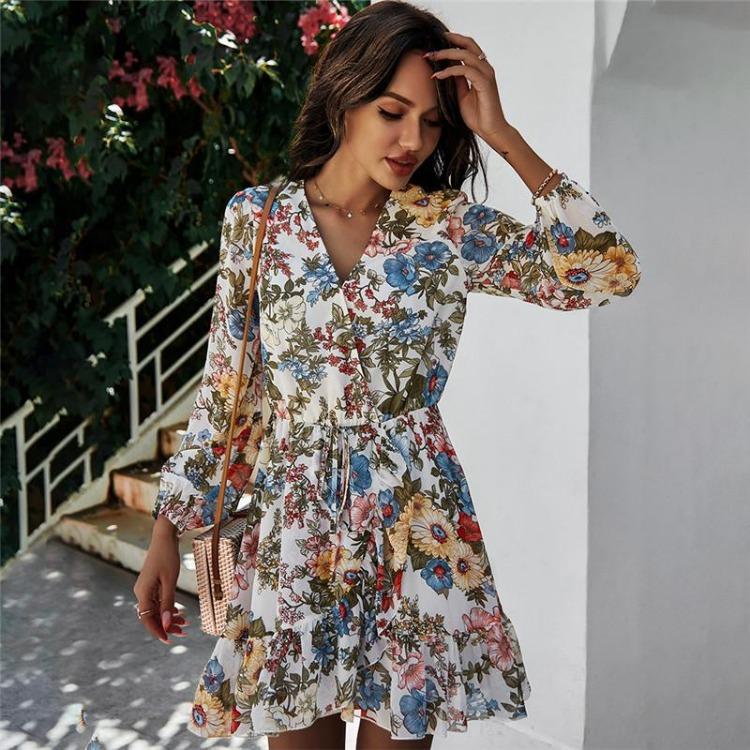 Women Summer Floral Mini Dress High Waist Lace Up A-Line Chiffon Sleeve Black White Navy S-XXL Spring Casual Dress