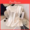 Satin Color Sleeved Solid Short Tshirt Womens Shirt Summer Thin And Stylish Vneck Blouse Top Slim Fit