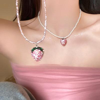 Strawberry Glass Pearl Necklace Fashion Sweet Girl Heart Collarbone Chain Small Fresh Summer Necklace Women