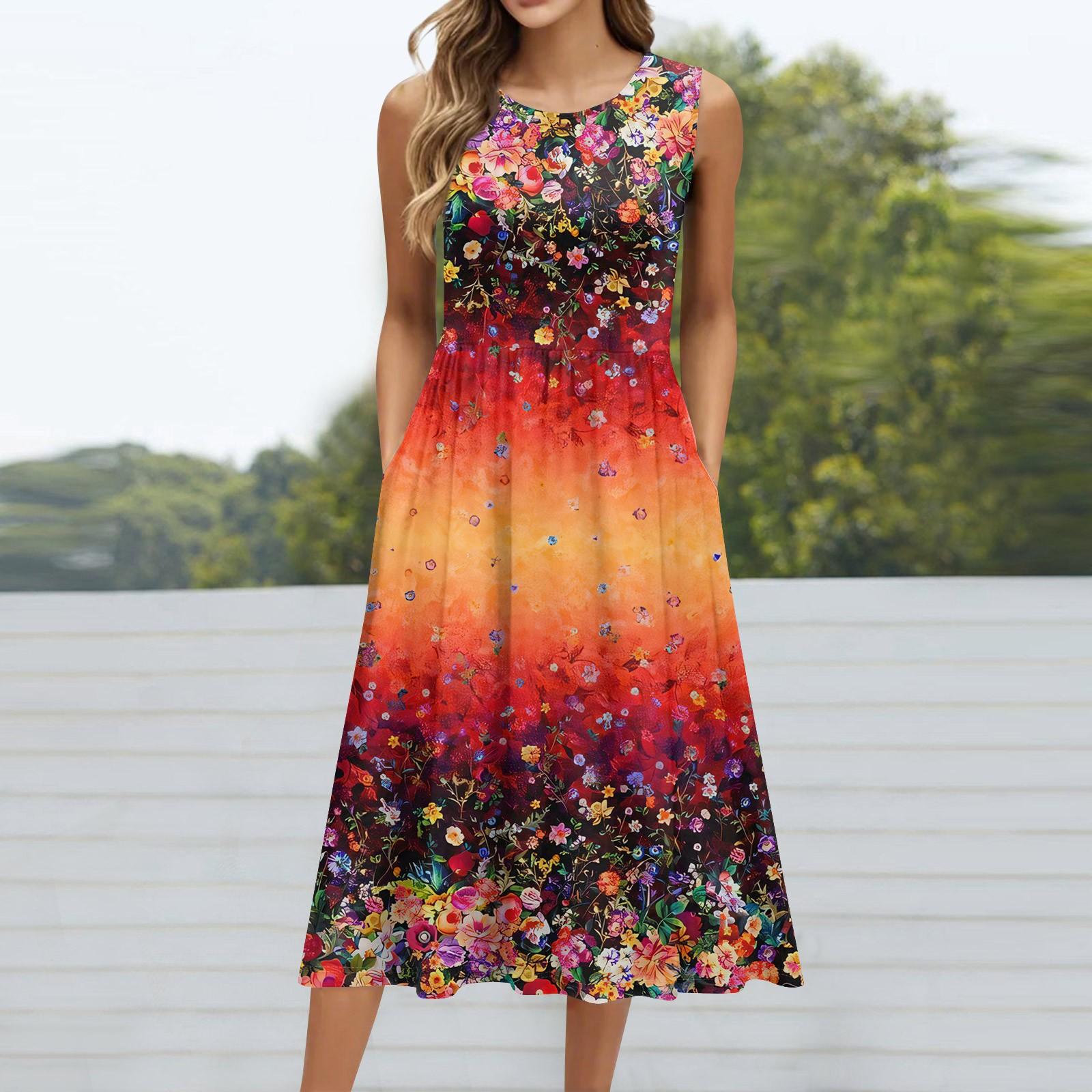 

Жіноча модна повсякденна сукня середньої довжини без рукавів з круглим вирізом і кишенею в стилі ретро з квітковим принтом XXXL червоний