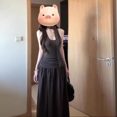 Dark Gray Suspender Dress, Children's Summer New Waist Fold Design, Waist and Thin Dress