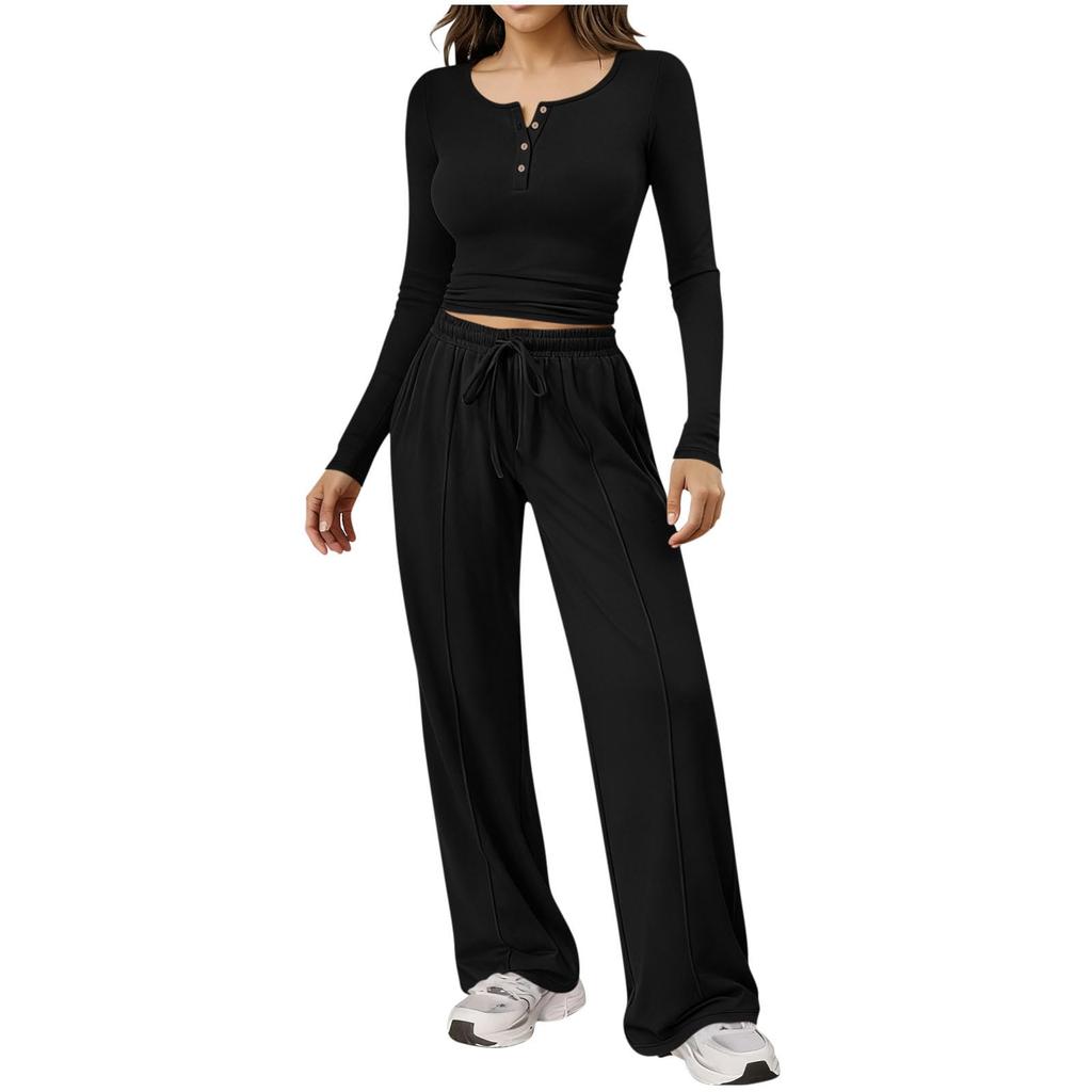 Fashionable Women's Long Sleeve Wide Leg Pants Sports Outfit Loose Two-Piece Set