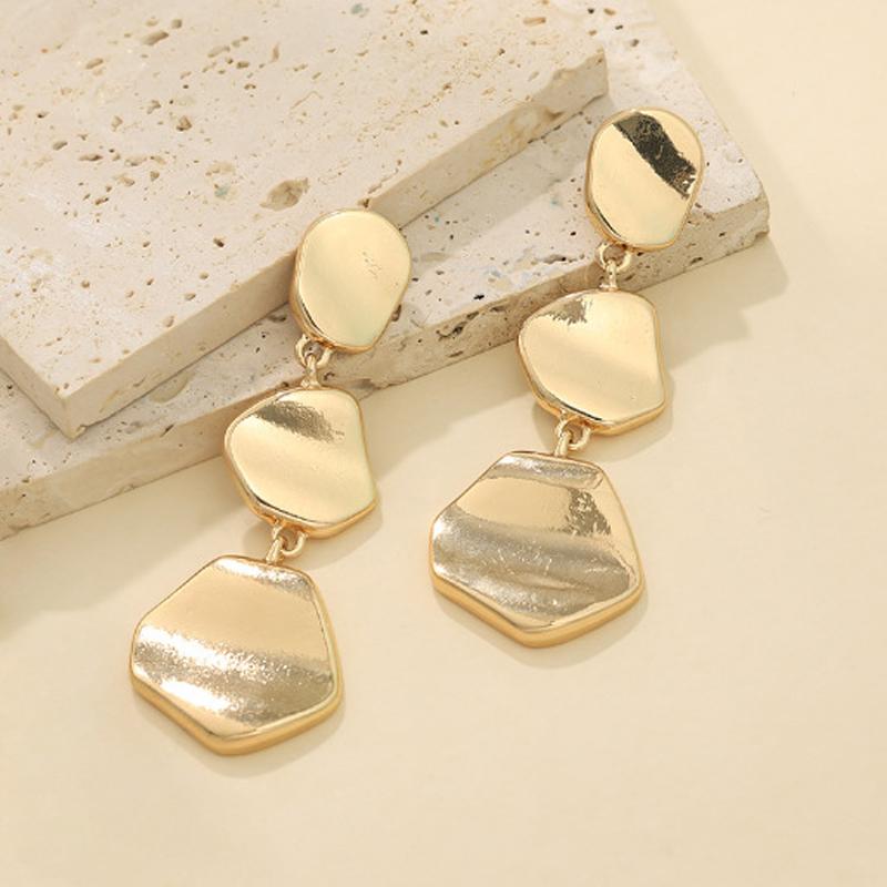 Vintage Irregular Smooth Metal Pendant Earrings for Women Fashion Gold Color Three-Layer Geometric Circular Earrings Zircon