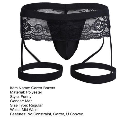 Men Club Garter Boxers U Convex Breathable Bouncy Solid Color Lace Clubwear See-through Flower Embroidery Nightclub Boxers Inner Wear Clothes