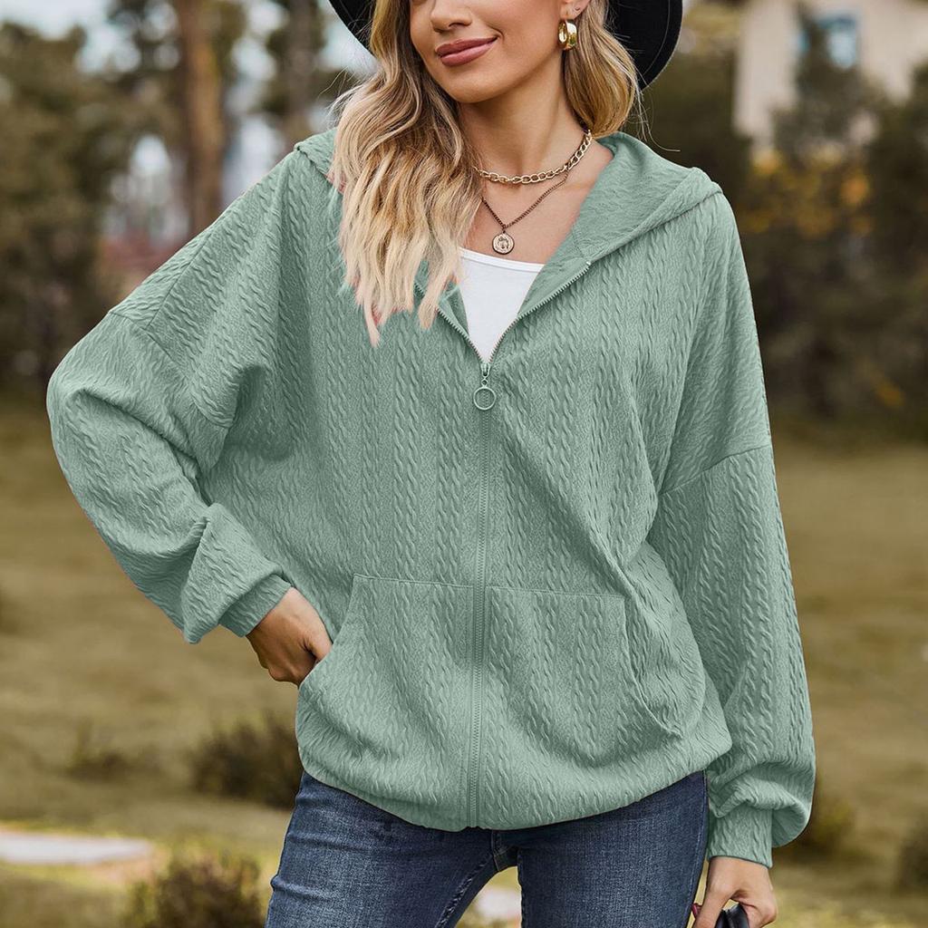 Zipper Hoodie Sweatshirt For Women Fall Long Sleeve Casual Elastic Plain Jacket Solid Color Drawstring Ladies Coat With Pockets
