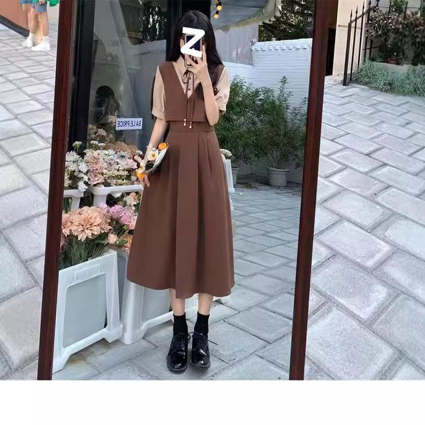 Large size suit skirt covering meat high waist splicing fake two-piece dress women's summer and Korean college style age-reducing dress