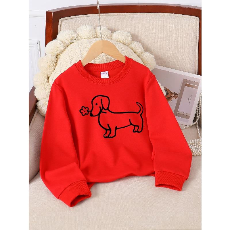 Kids Sweatshirts, Girls' Sweatshirts, Girls' Autumn Winter Fashion Dog with Flower In Mouth Print Long Sleeve Round Neck Sweatshirt