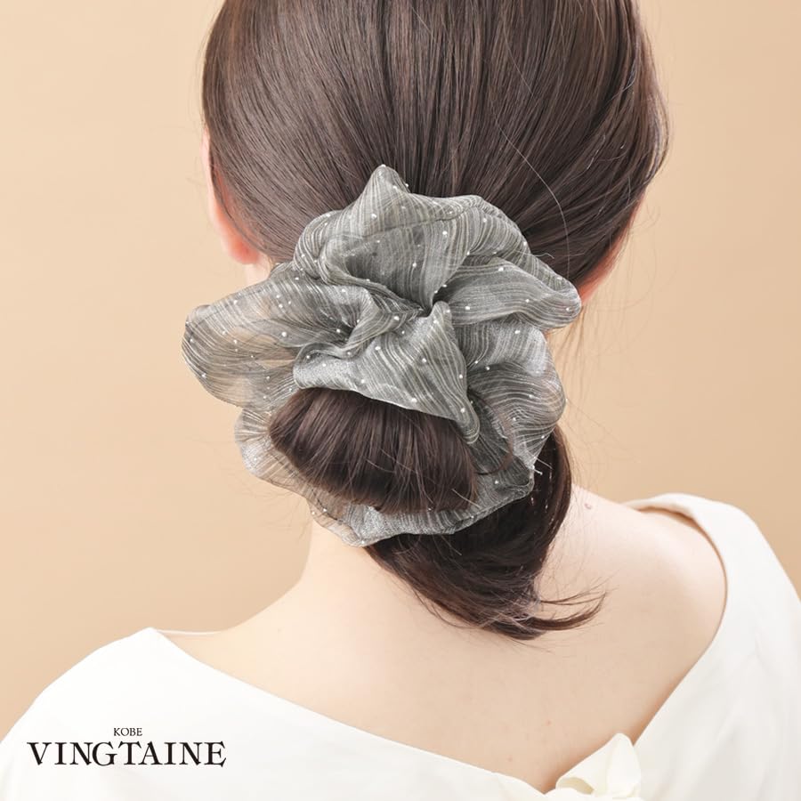 VINGTAINE Scrunchie, Organza, Gray, Studs, Stones, Volume, Gorgeous, Chic, Mature, HS-213