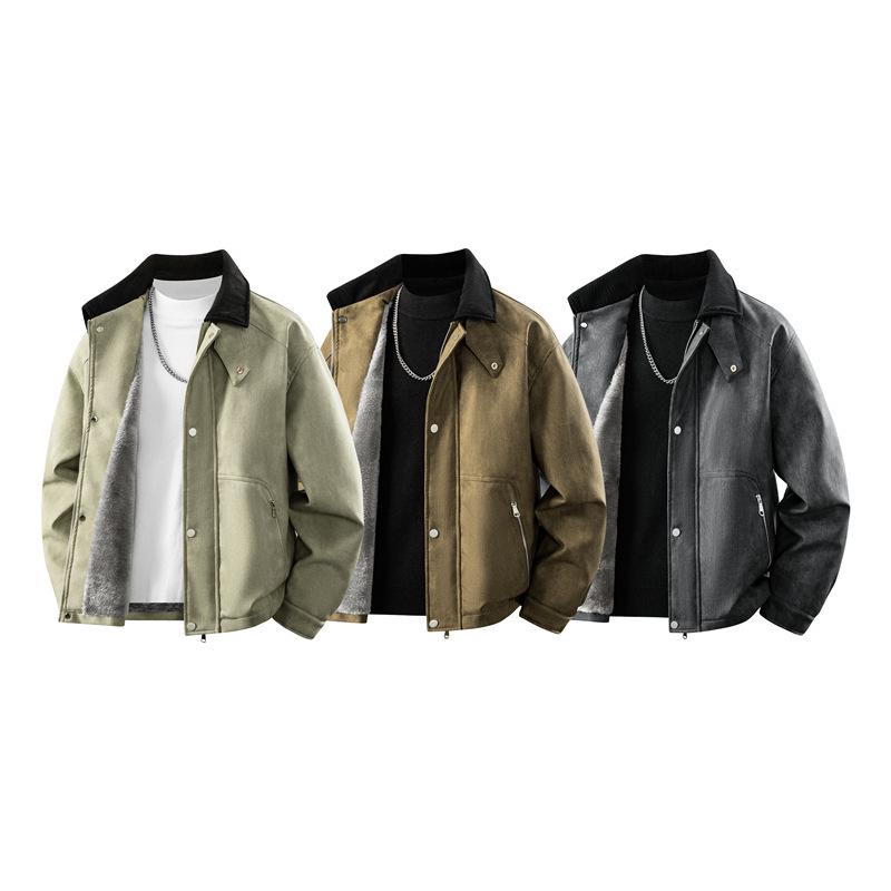 Di Yu Shen Long Men's Trendy Winter Loose Color Block Fleece-Lined Leather Jacket