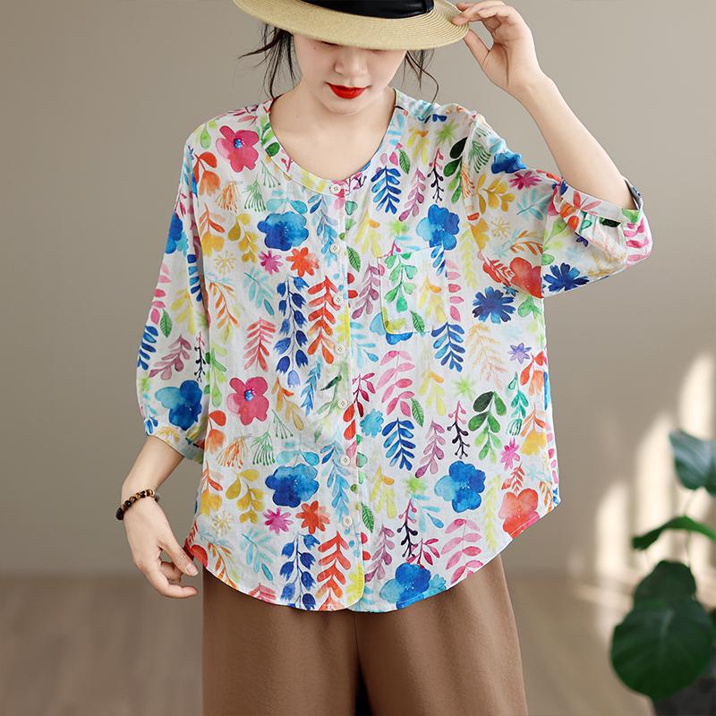 DIMANAF 2026 Estate Nuova Camicia Blusa Taglie Forti Donna Elegante Stampa Floreale Top da Donna Maglietta Cotone Abbigliamento da Spiaggia