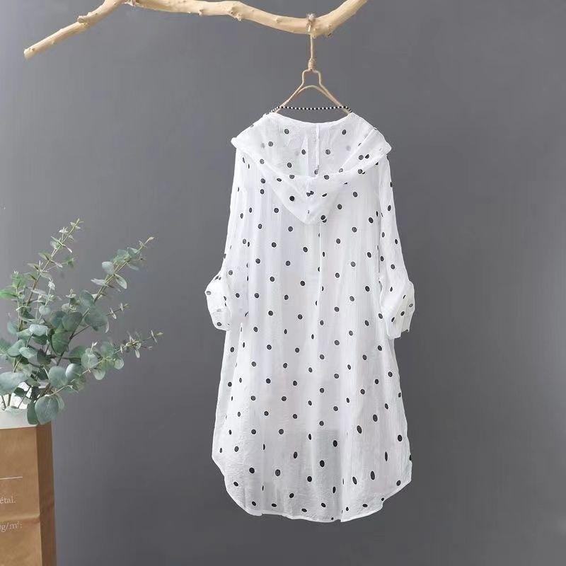 Hooded Polka Dot Long Sleeved Shirt for Women In Summer Loose Mid-length Thin Cardigan Sun Protection Jacket