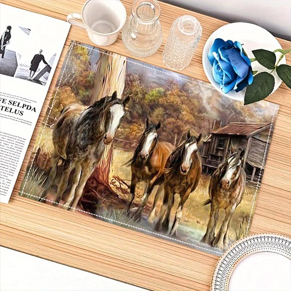 Rustic Horse Place Mats Set of 1 - Linen Knit Fabric Table Mats, Rectangular Dining Table Mats for Home, Kitchen, Parties