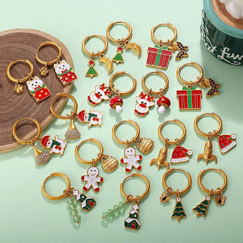 Cartoon Creative Christmas Series DIY Christmas Tree Pendant Earrings Stainless Steel Gold Plated Fashion Earrings