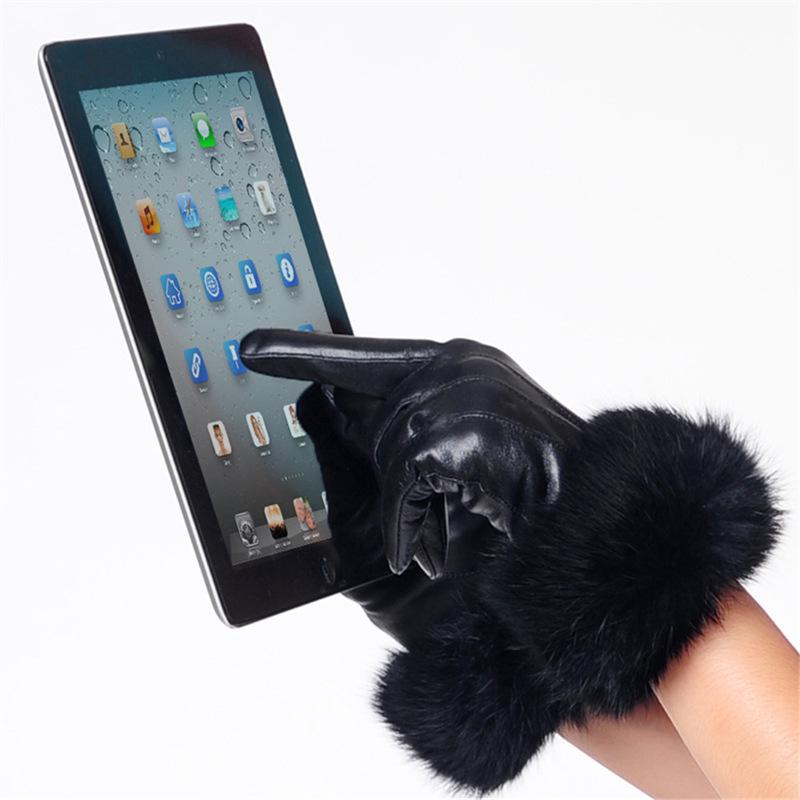 Women's Winter Velvet-Lined Lambskin Gloves - Korean Style, Windproof, Cute Rabbit Fur, Touchscreen Compatible.