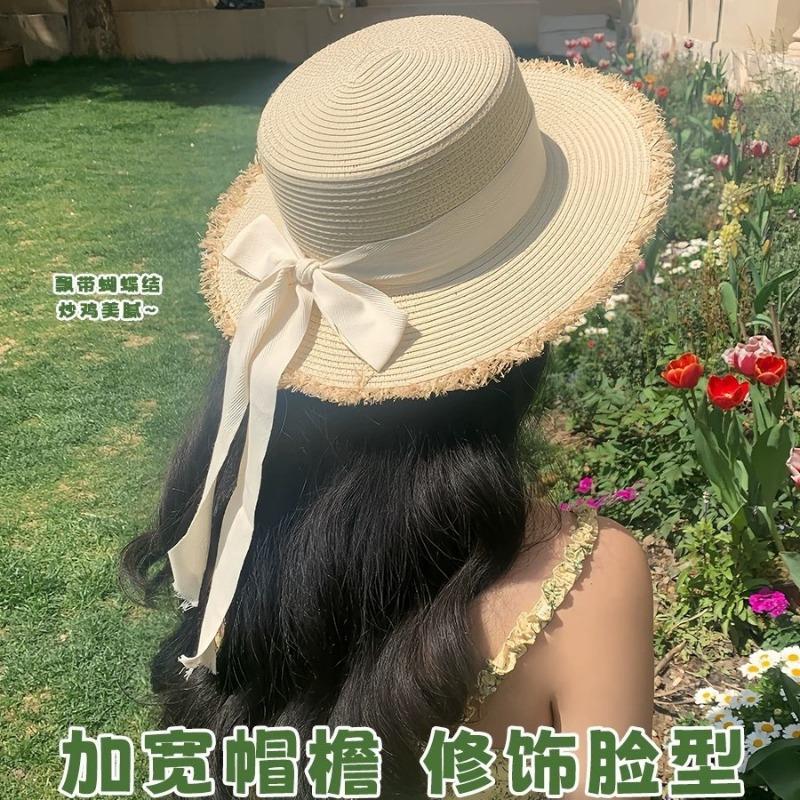 Rough straw hat streamer bow sunscreen women's seaside leisure vacation beach hat sunshade top hat tide