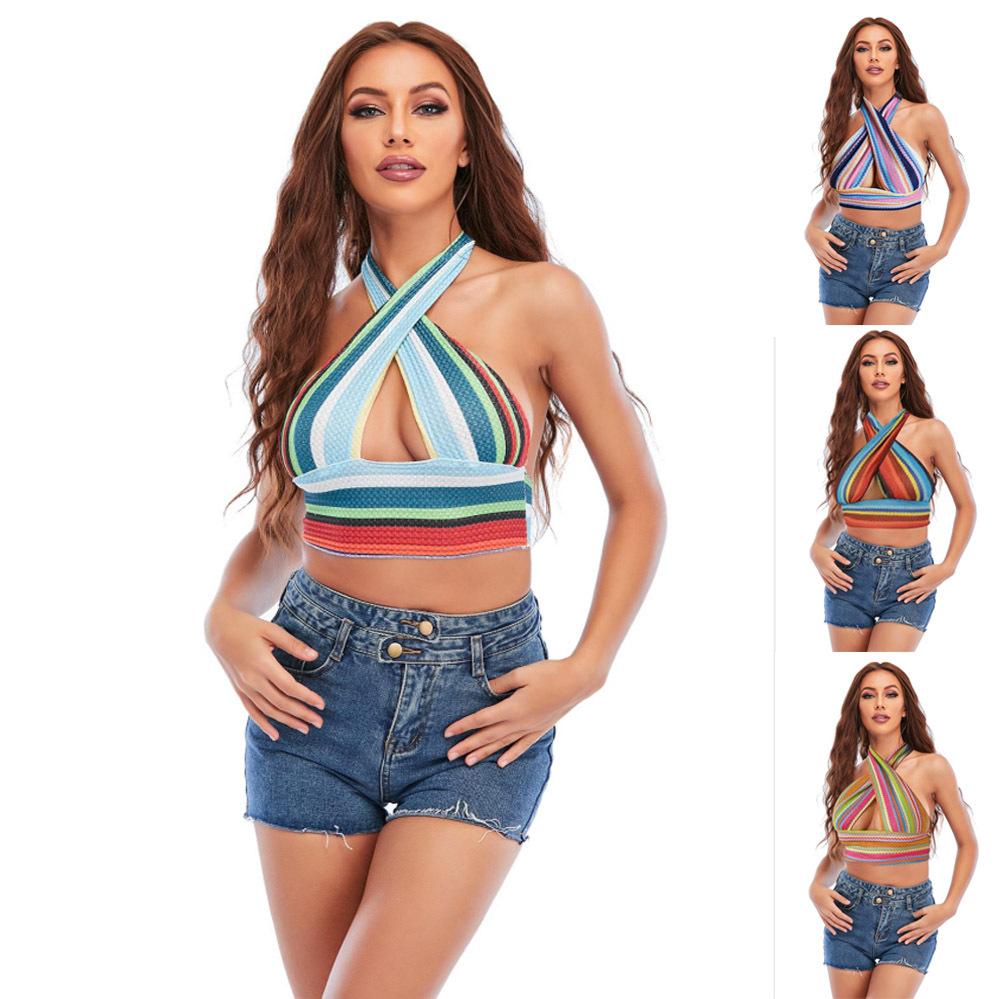 Women Rainbow Stripe Halter Cross Backless Crop Top S синий