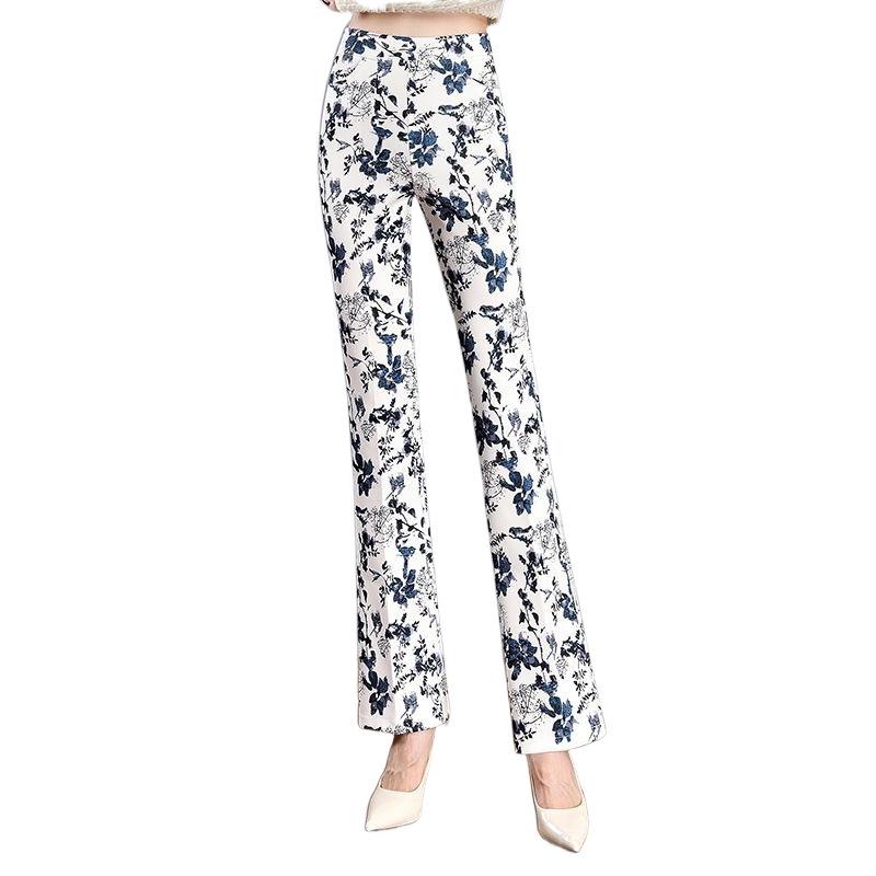 Green Floral Micro-Flare Pants - Autumn/Winter 2024 Body-Shaping Elastic Women's Long Pants