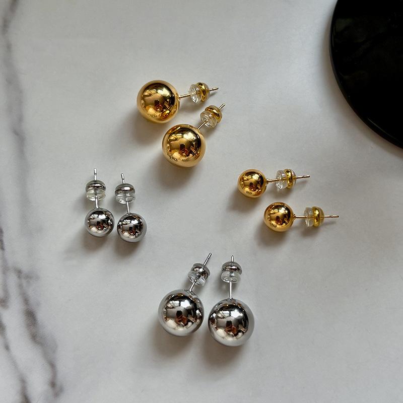 Sterling Silver Needle Gold Ball Stud Earrings Women's Cold Wind Earrings Real Gold Electroplated Earrings