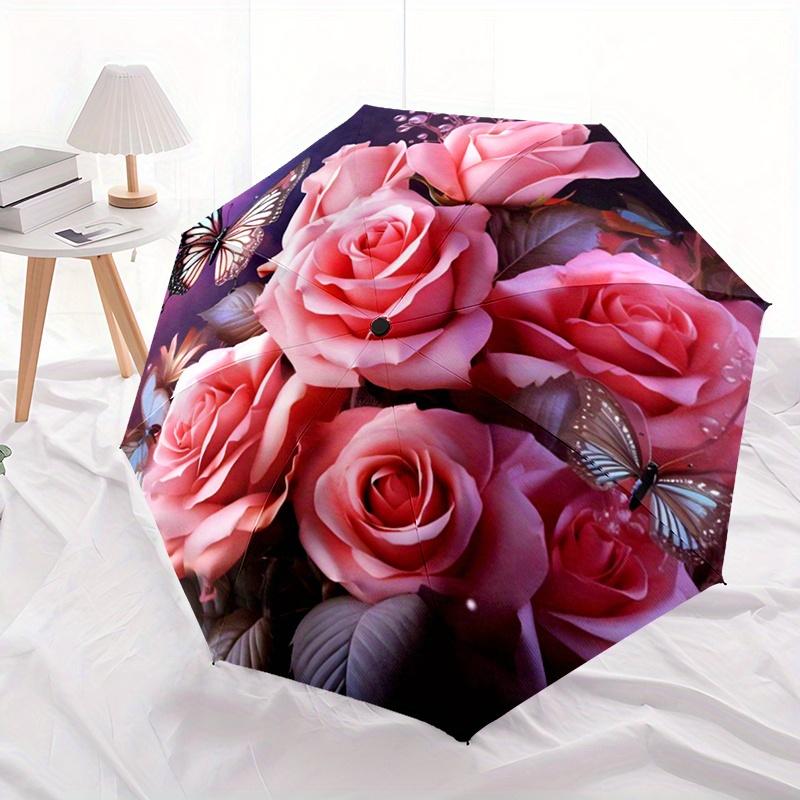 1pc Automatic Open/Close Umbrella with Retractable Shaft - Compact Travel Umbrella, Lightweight, Elegant Floral design with Pi
