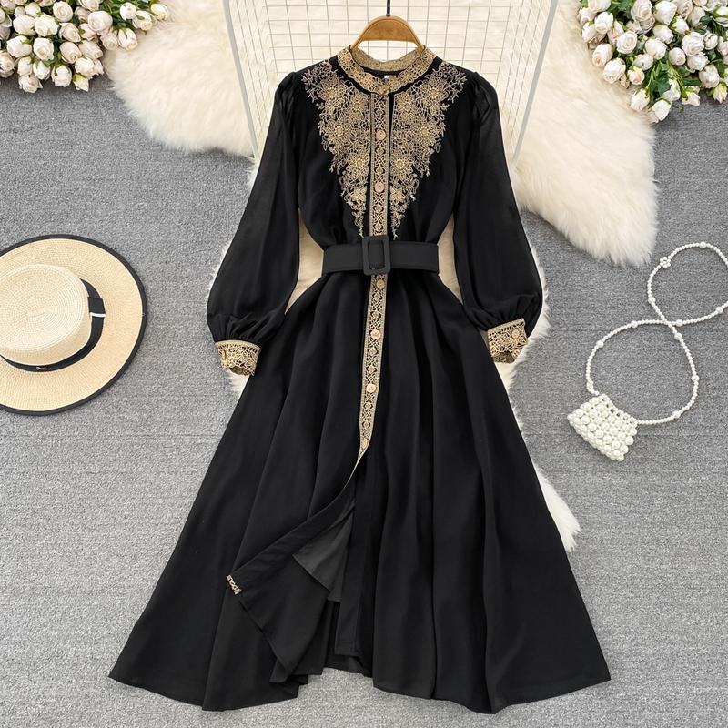 Sweet Style Women's Long-sleeve Embroidery Patchwork Single-breasted High Waist A-line Dress 2025 Autumn New Dresses SN3859