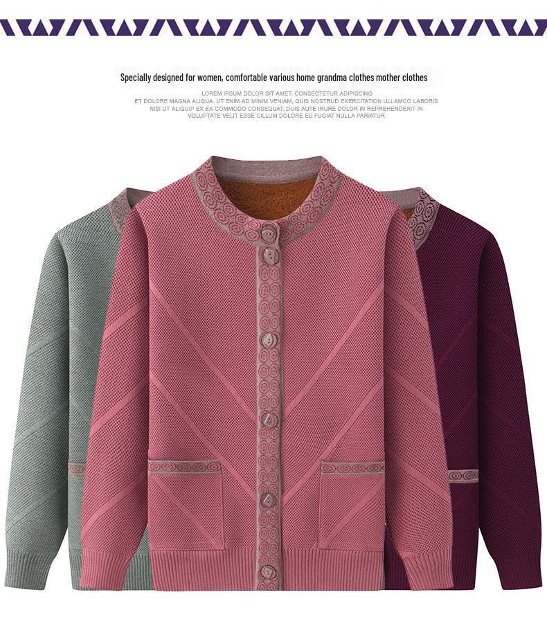 Damen Plus Samt Strickjacke - Verdickte Frühling & Herbst Jacke für Mittelalte und Ältere