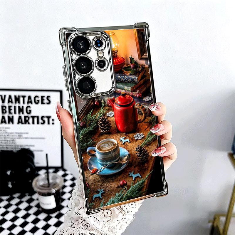 Winter Coffee Christmas Theme Plating Phone Case For Samsung Galaxy S24 S25 FE S26 Edge S23 Ultra S22 S21 Plus S20 Anti-Fall Air