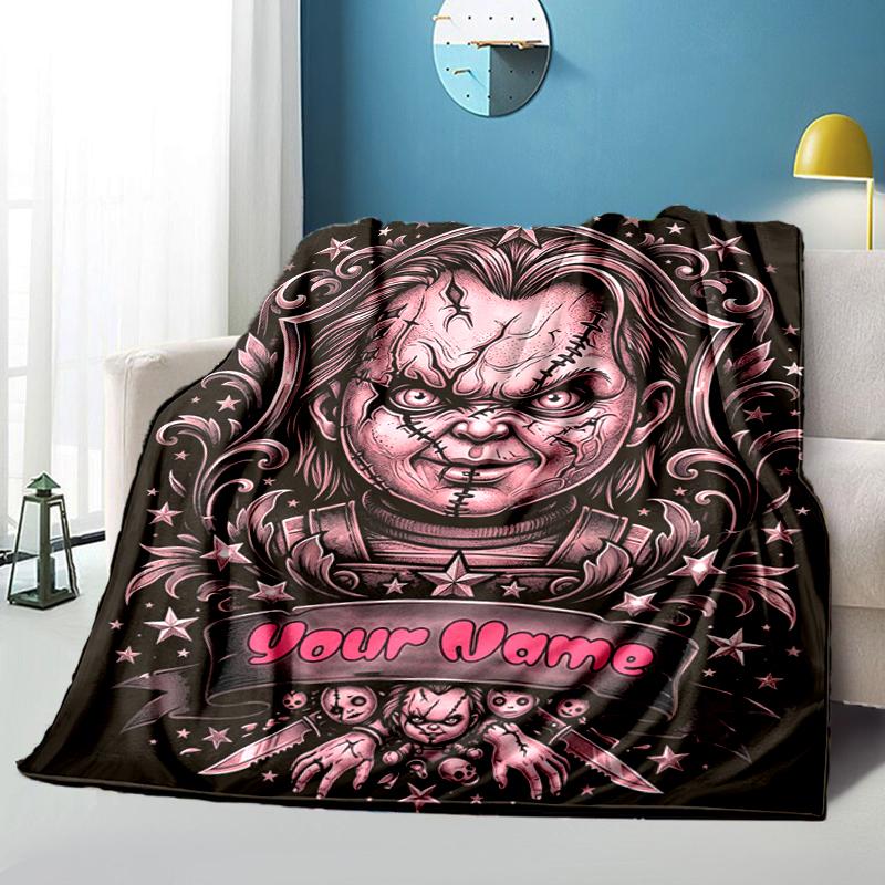 1PC Custom Name Horror Movie Poster flannel blanket versatile,all-season throw suitable for the living room,bedroom,camping,travel,and gift