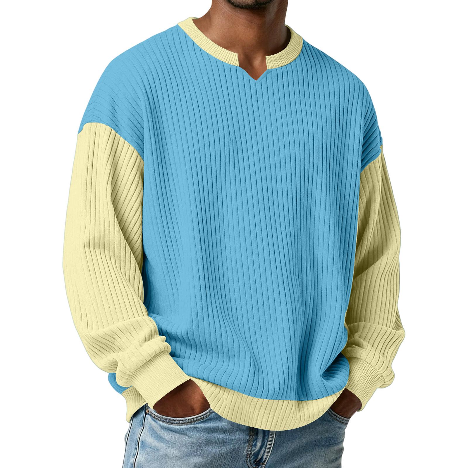 

Men s Color-Blocked Stylish V-Neck Ribbed Textured Long-Sleeve T-Shirt XL небо синє кольору