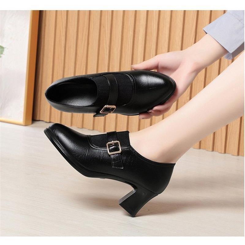 Soft leather thick heel single shoes soft sole non-slip medium heel leather shoes low top