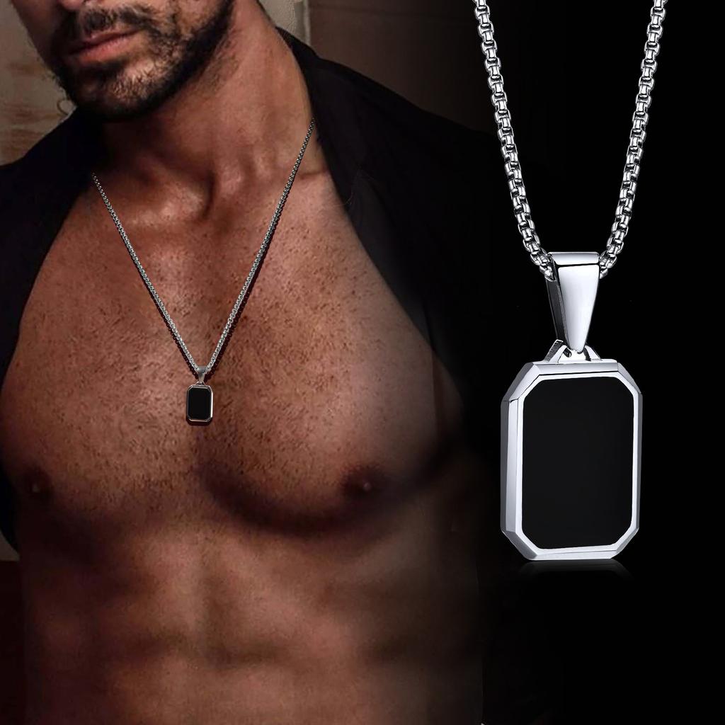 Vnox Simple Geometric Pendant Necklaces For Men Women, Stainless Steel Rectangle Pendant, Natural Stone Collar With Box Chain